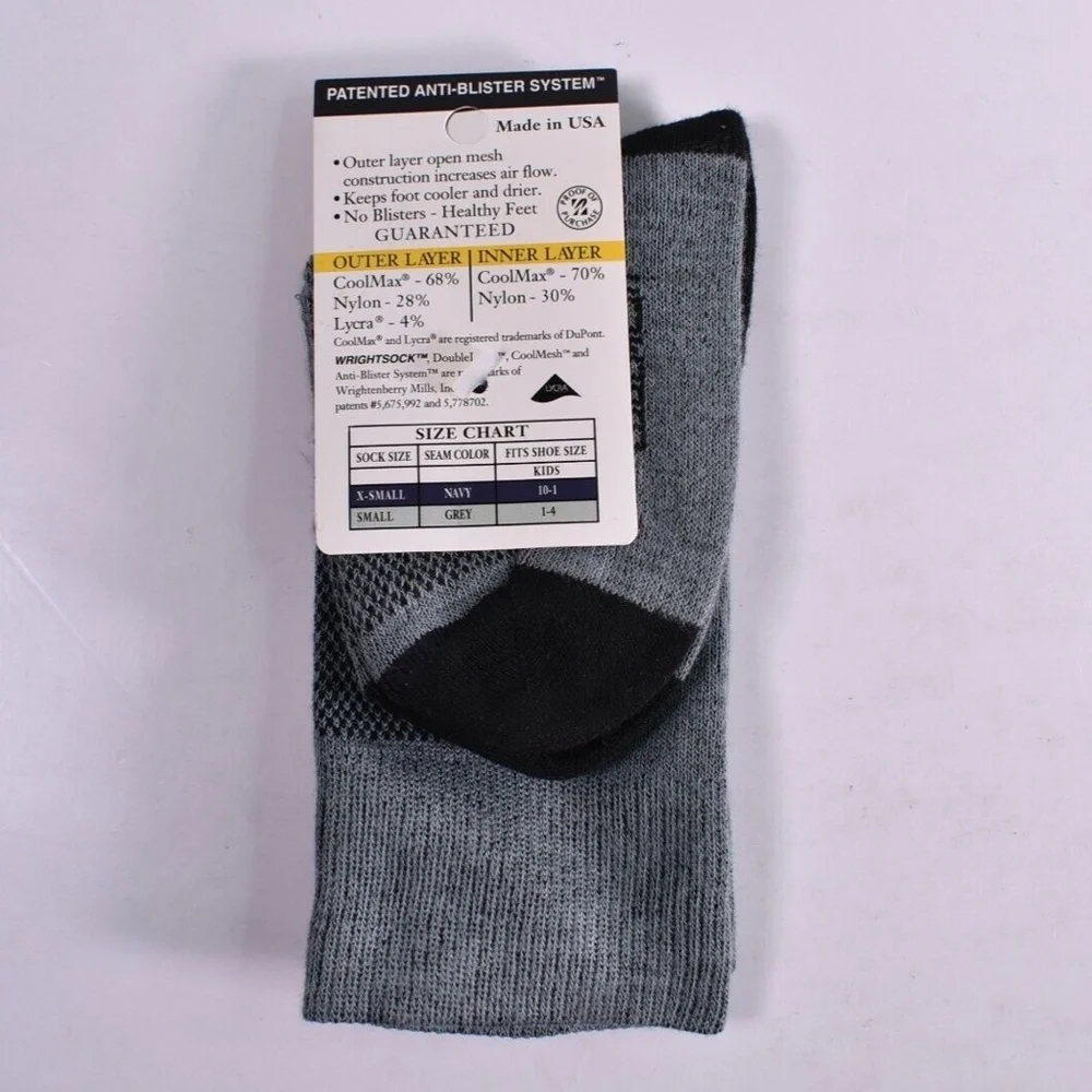 NEW Wrightsock Kid's CoolMesh Crew Socks Gray Size X-Small / 10-1 Little Kid's